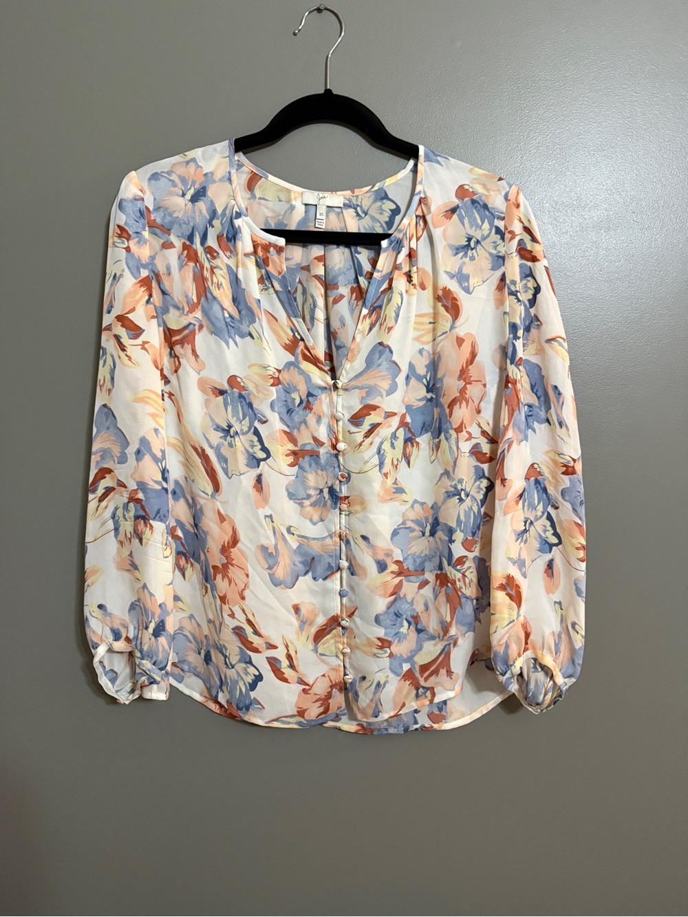 Joie 100% Silk Floral Button-Front Blouse - Blue, Peach & Cream